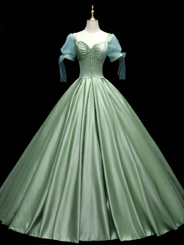 flutter sleeve prom dressesGreen Sweetheart Neck Satin Long Prom Dresses, Green Sweet 16 Dresses