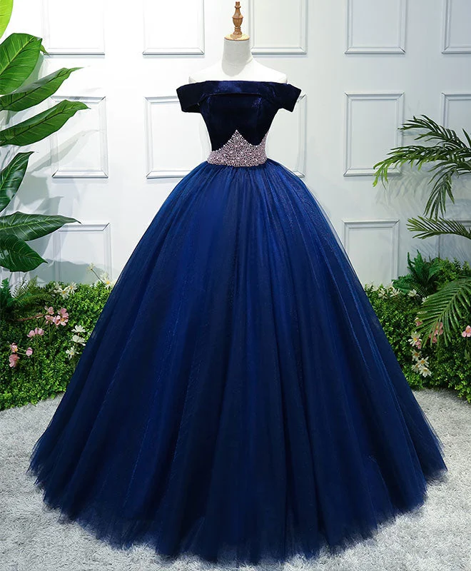 lace prom dressesDark Blue Tulle Off Shoulder Long Prom Dress, Blue Sweet 16 Dress