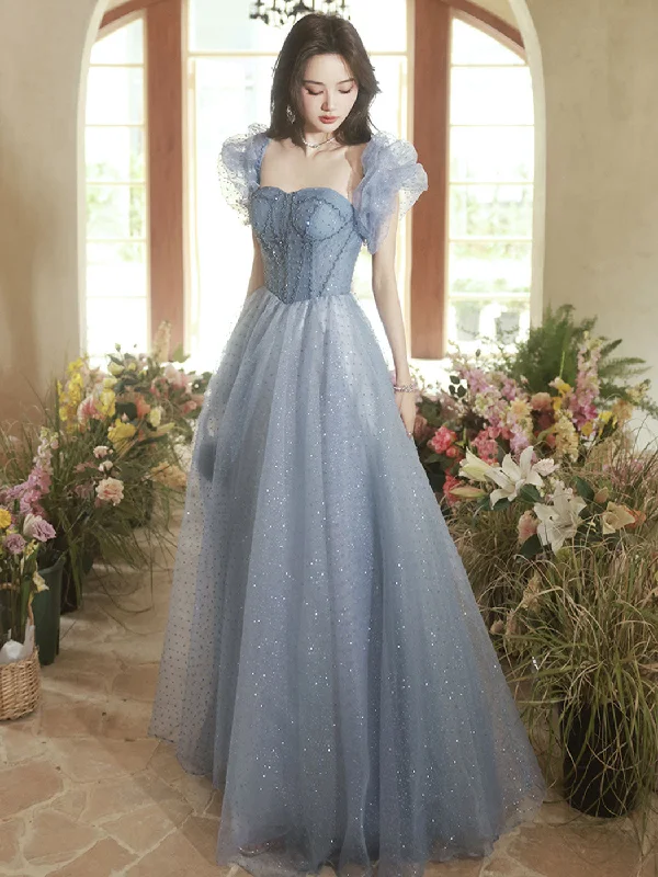 convertible prom dressesA-Line Sweetheart Neck Tulle Gray Blue Long Prom Dress, Gray Blue Formal Dress