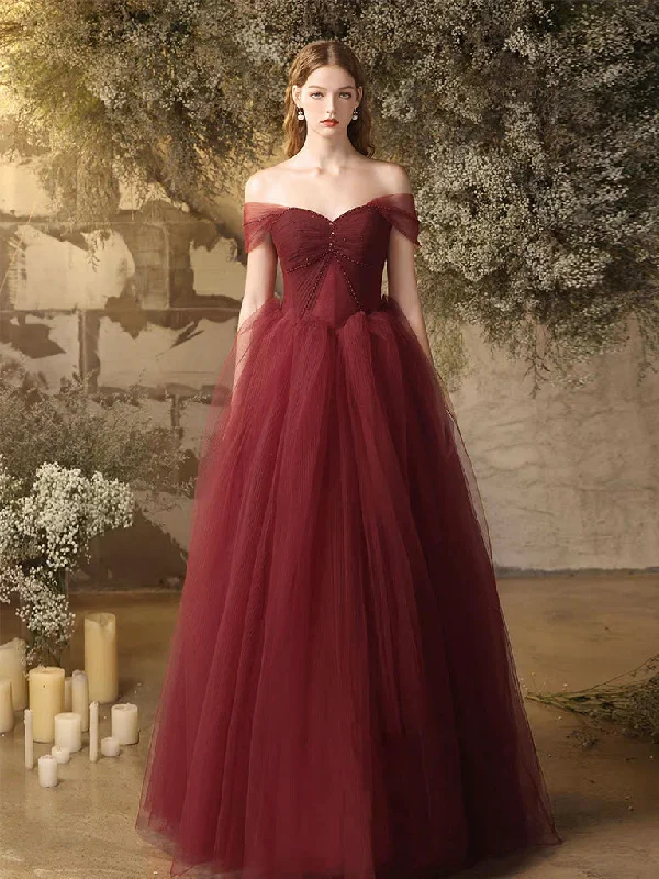 high-slit prom dressesBurgundy Sweetheart Neck Tulle Long Prom Dress, Burgundy Long Formal Dress