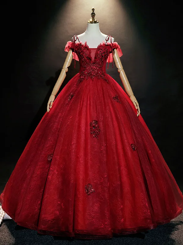 prom dress alterationsBurgundy Off Shoulder Tulle Lace Long Prom Dress, Burgundy Lace Sweet 16 Dress