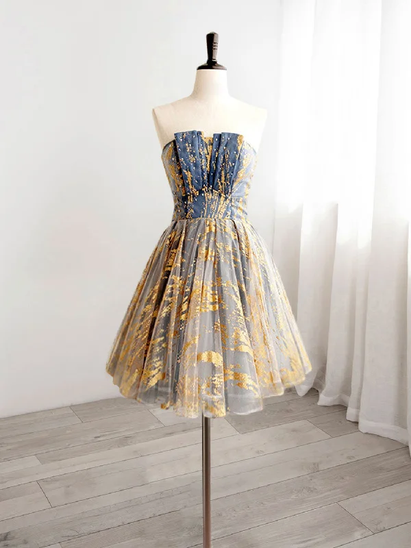 prom dresses for springA-Line Gold/Blue Lace  Short Prom Dress, Cute Homecoming Dress with Beading