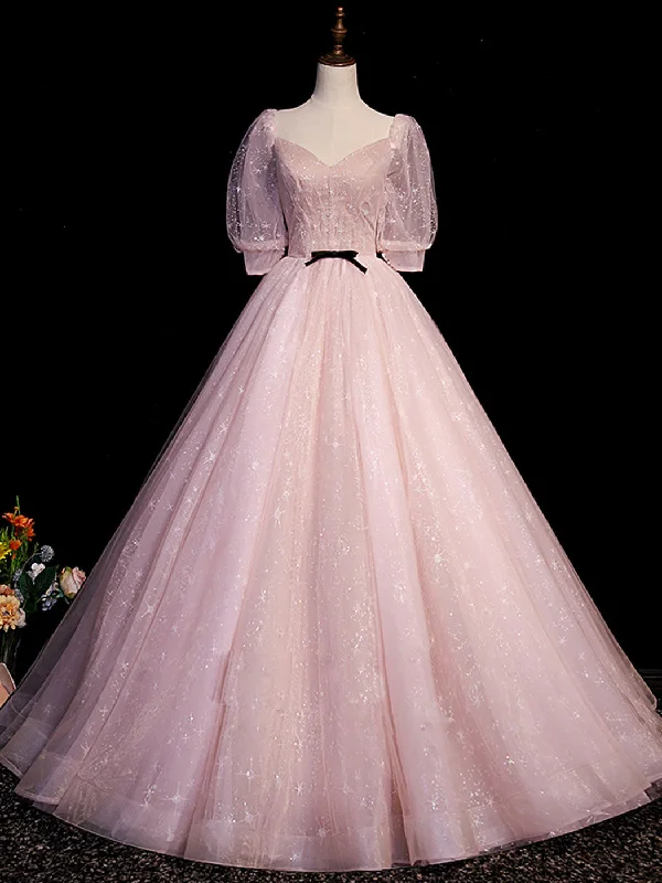 prom dress try-on ideasPink A Line Puffy Sleeves Tulle Long Prom Dress, Pink Sweet 16 Dress