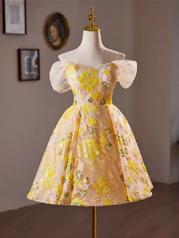 custom prom dressesA-Line Off Shoulder Tulle Lace Short Yellow Prom Dress, Yellow Homecoming Dress