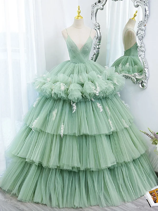 tulle prom dressesGreen V Neck Tulle Long Prom Dresses,  Ball Gown Green Sweet 16 Dresses