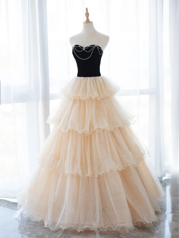 budget-friendly prom dressesChampagne Sweetheart Neck Tulle Long Prom Dress, Champagne Formal Dresses