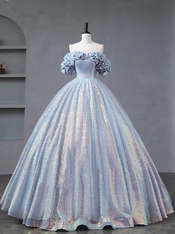 beaded prom dressesA-Line Off Shoulder Tulle Sequin Blue Purple Long Prom Dress, Sequin Formal Dress