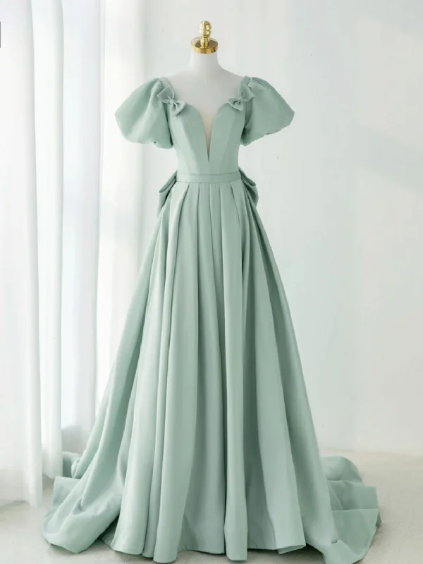 cap sleeve prom dressesA-Line Puff Sleeves Green Long Prom Dress, Green Formal Dress