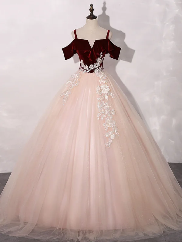 prom dresses with lace appliquésPink/Burgundy Tulle Long Prom Dresses, A-Line Formal Sweet 16 Dress with Lace