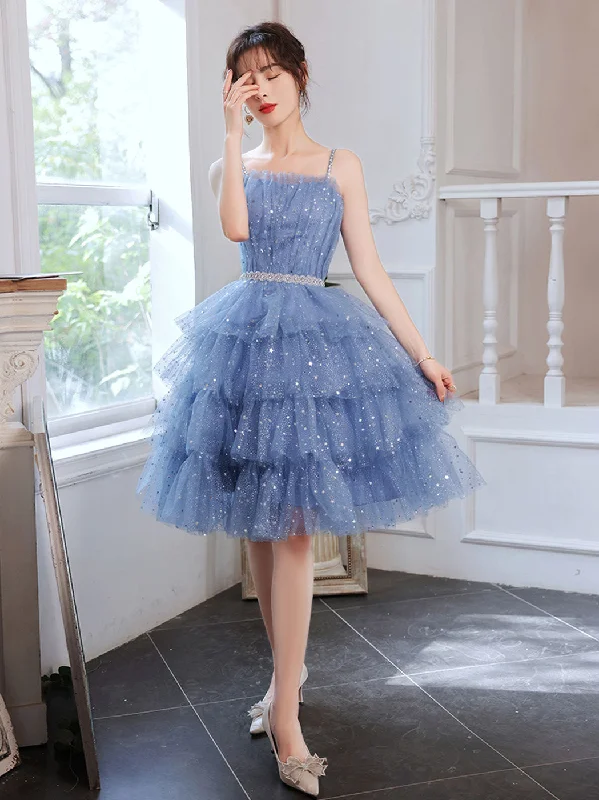 prom dresses with pocketsShort Puffy Blue Prom Dress, Tulle Short Blue Puffy Homecoming Dress