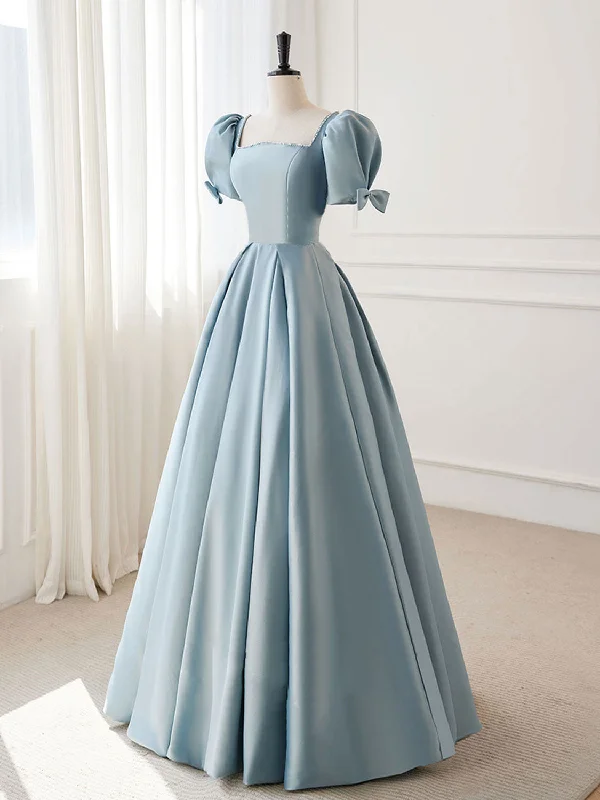 prom dress style guidesA-Line Blue Satin Puffy Sleeve Long Prom Dress, Blue Formal Dresses