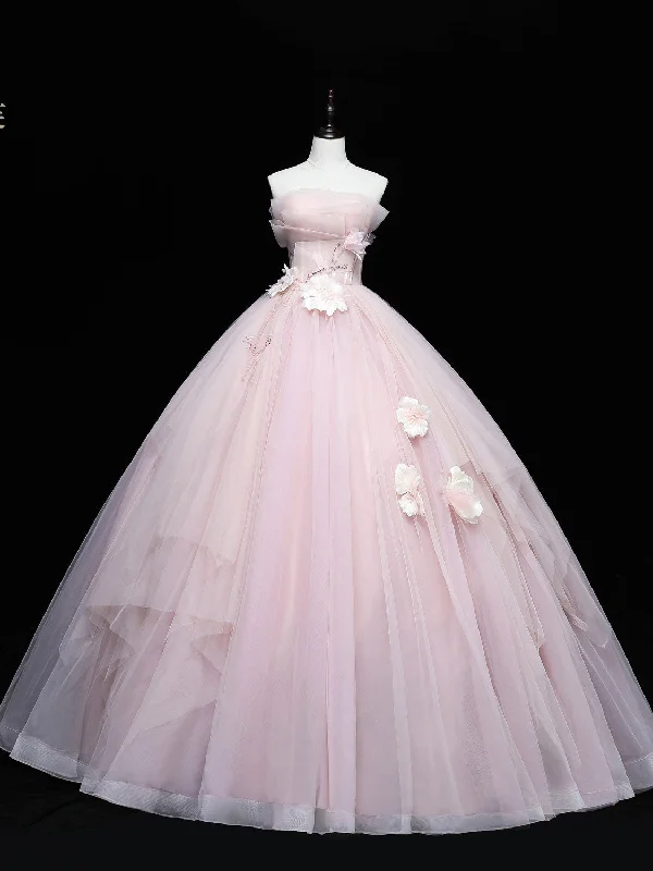 short prom dressesPink Tulle Lace Applique Long Prom Dresses, Pink Sweet 16 Dresses