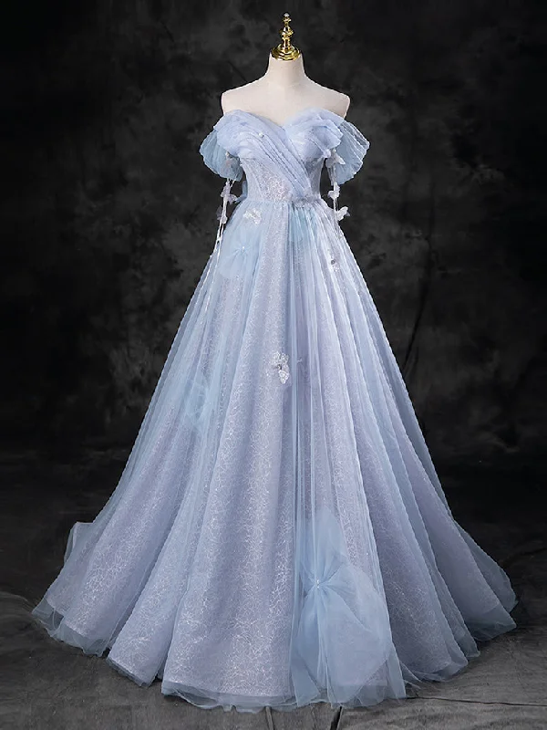 prom dresses for pear shapesBlue A-Line Off Shoulder Tulle Long Prom Dress, Blue Formal Dress