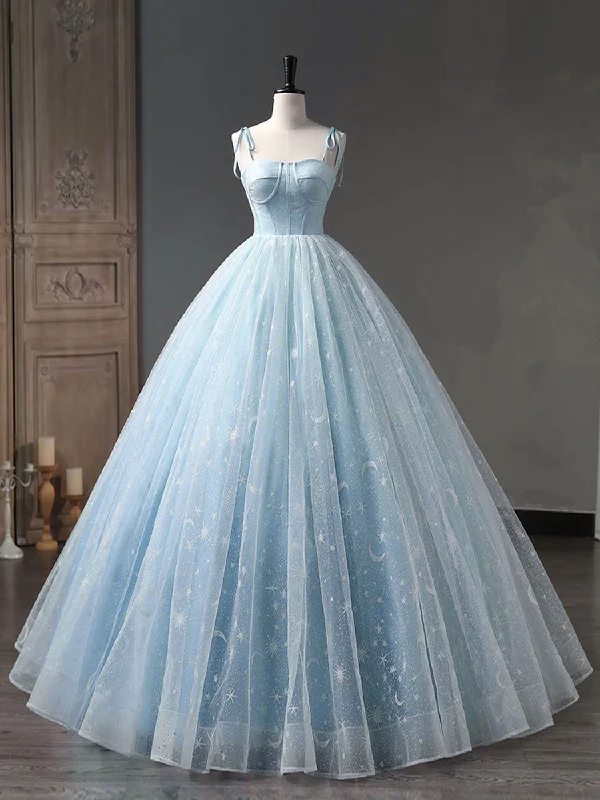 prom dresses with trainsBlue A-Line Tulle Long Prom Dress, Blue Formal Sweet 16 Dress