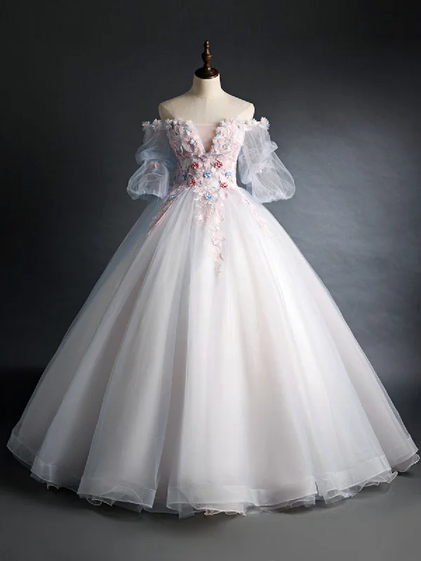 off-shoulder prom dressesPink Tulle Lace Applique Long Prom Dress, Tulle Lace Sweet 16 Dress