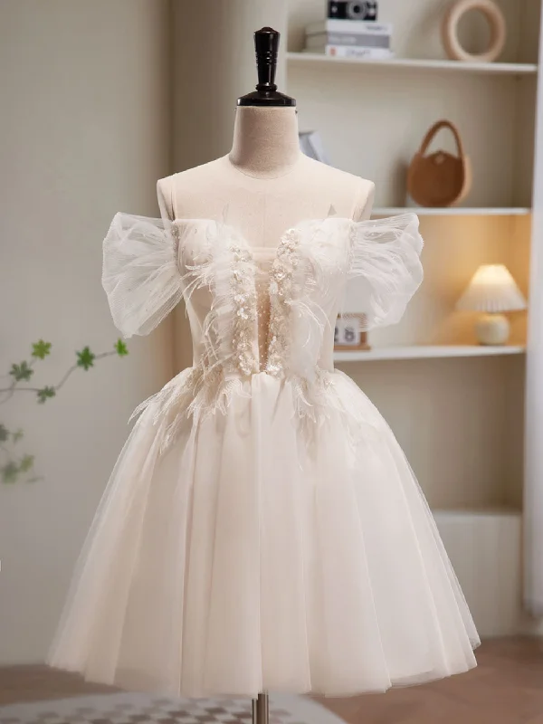 high-slit prom dressesA-Line Off Shoulder Tulle Short Beige Prom Dress, Cute Homecoming Dress