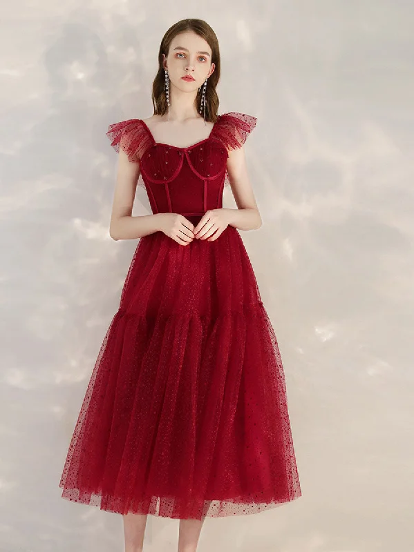 prom dresses with trainsBurgundy Tulle Short Prom Dress, Burgundy Homecoming Dress