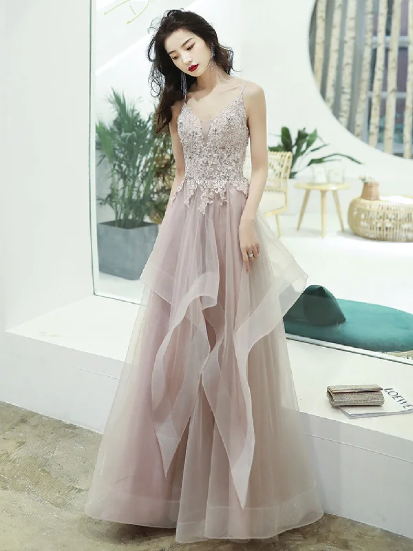 prom dresses with detachable sleevesA-Line V Neck Pink Long Prom Dress, Pink Formal Graduation Dress with Lace Beading