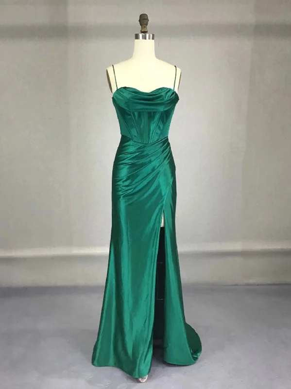 custom prom dressesGreen Satin Long Prom Dresses, Green Mermaid Long Formal Dresses