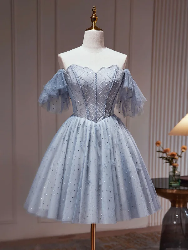 satin prom dressesA-Line Gray Blue Tulle Short Prom Dress. Cute Gray Blue Homecoming Dress