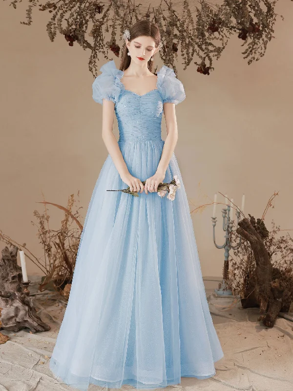 empire waist prom dressesA-Line Sweetheart Neck Tulle Long Prom Dress, Blue Formal Graduation Dresses