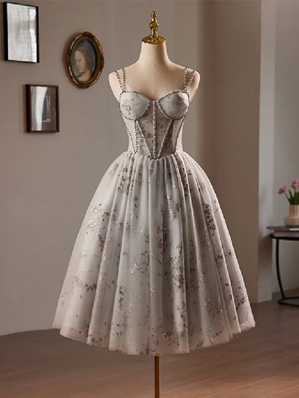 petite prom dressesA-Line Sweetheart Neck Tulle Sequin Lace Gray Short Prom Dress