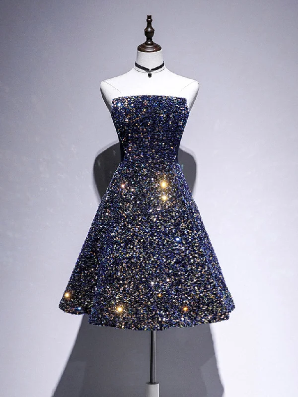 prom dress inspiration galleriesDark Blue A-Line Sequin Lace Short Prom Dress, Blue Homecoming Dress