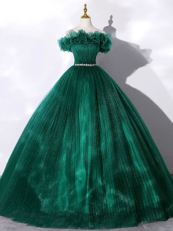 glamorous prom dressesGreen Off Shoulder Tulle Long Prom Dress, Green Sweet 16 Dress