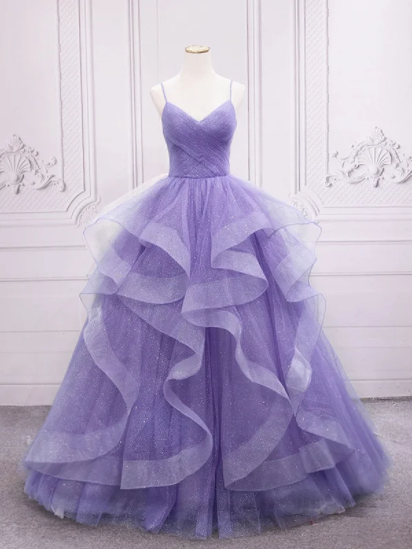 flowy prom dressesPurple v neck Tulle Long Prom Dress, Purple Sweet 16 Dress