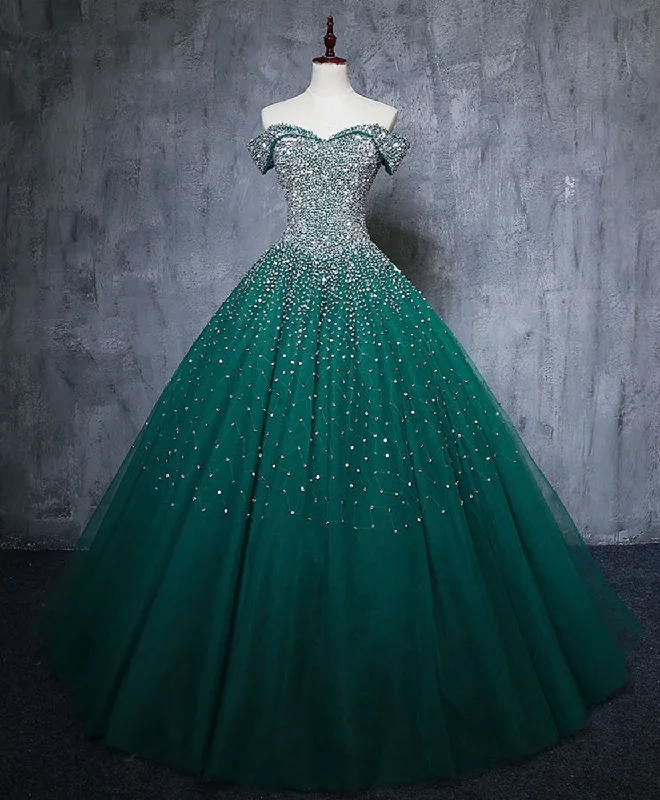 prom dress accessoriesGreen Tulle Sequin Long Prom Gown, Green Sequin Sweet 16 Dress