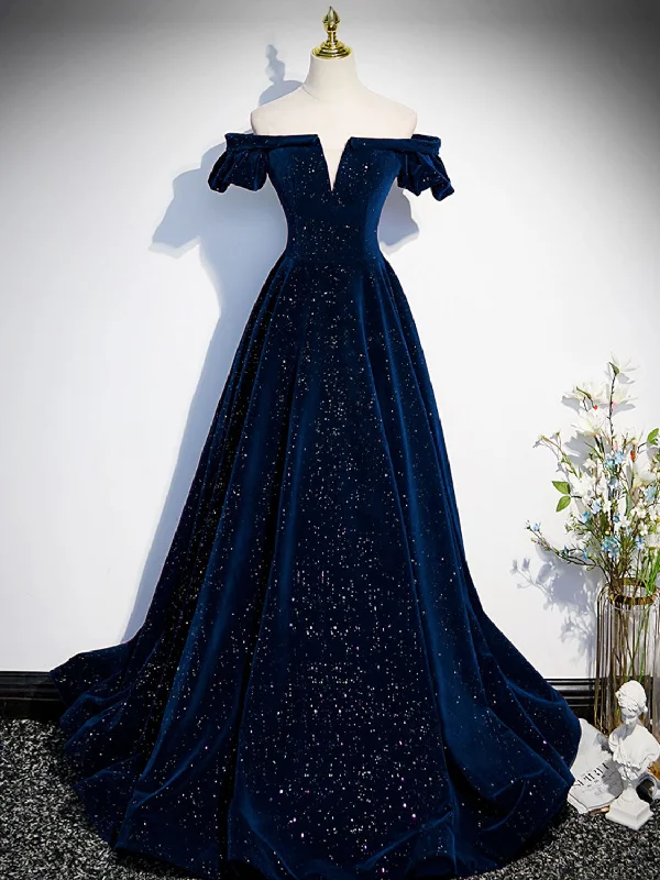 prom dresses with pocketsA-Line Off Shoulder Velvet Dark Blue Long Prom Dress, Dark Blue Long Formal Dress