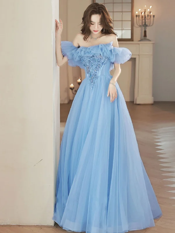 prom dress fitting adviceA-Line Tulle Lace Blue Long Prom Dress, Blue Formal Dresses