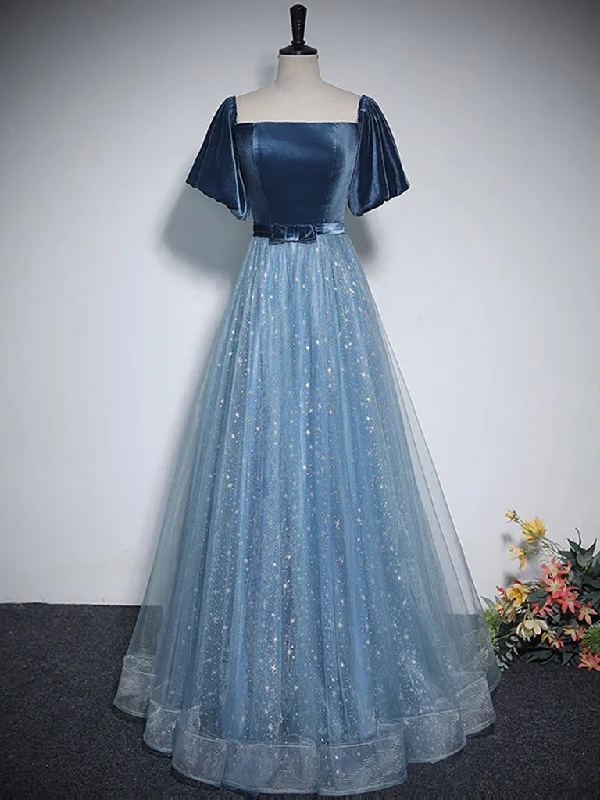 classic prom dressesA-Line Tulle Velvet Blue Long Prom Dress, Blue Tulle Formal Dress