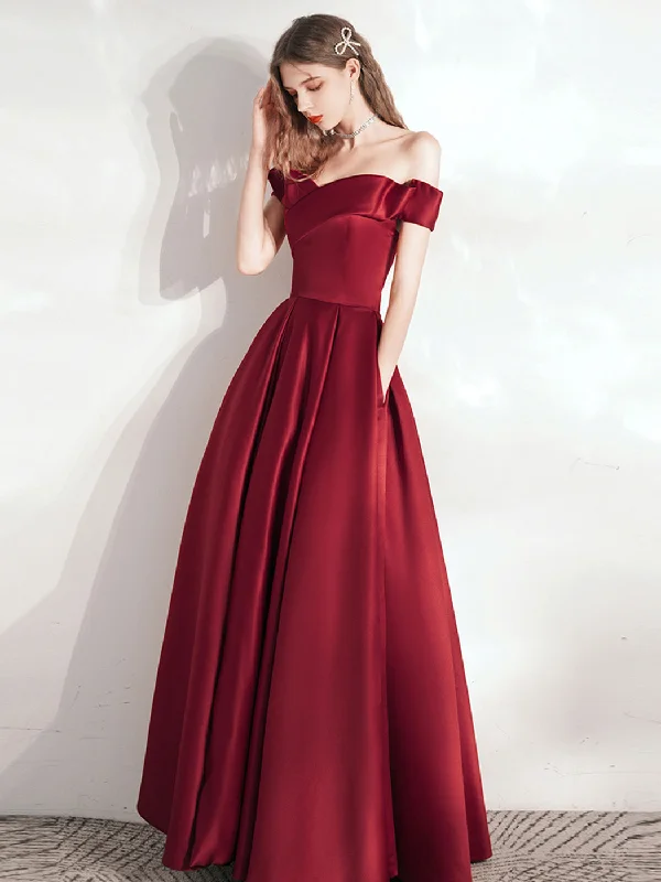 prom dresses with floral embroideryA Line Burgundy Long Prom Dresses, Satin Long Formal Graduation Dresses