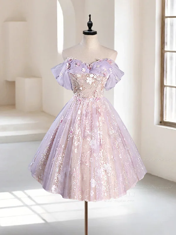 prom dresses with trainsA-Line Off Shoulder Tulle Lace Purple Short Prom Dress, Cute Purple Homecoming Dress