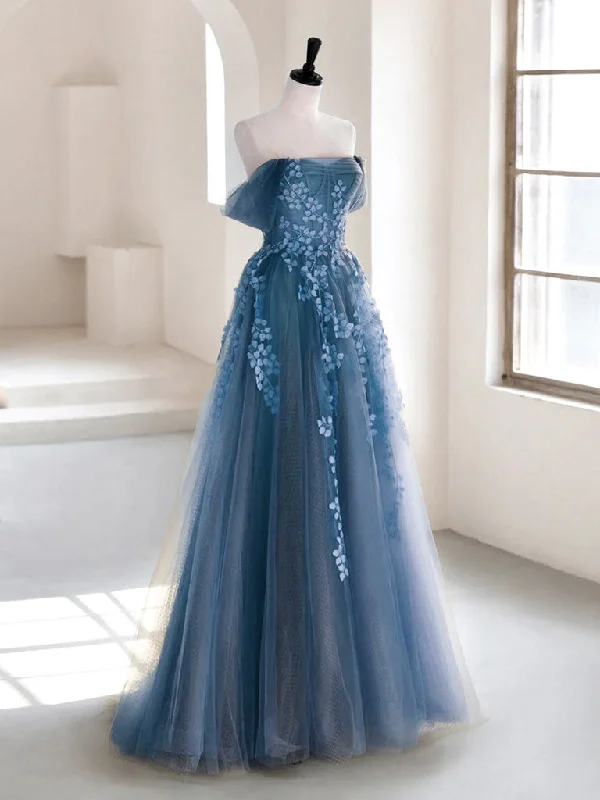 prom dresses for summerA-line Off Shoulder Gray Blue Tulle Long Prom Dress, Gray Blue Long Formal Dress