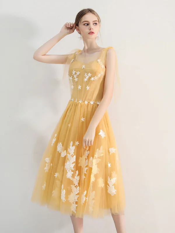 illusion neckline prom dressesA-Line Yellow Tulle lace Short Prom Dress, Yellow Homecoming Dress