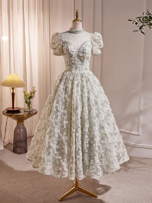 prom dresses for winterUnique Hight Neck Tulle Lace Tea Length Prom Dress, Light Green Formal Dress