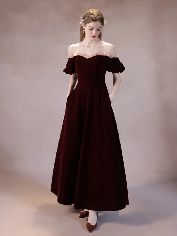 prom dress accessoriesA-Line Burgundy Velvet Long Prom Dress, Burgundy Formal Dress