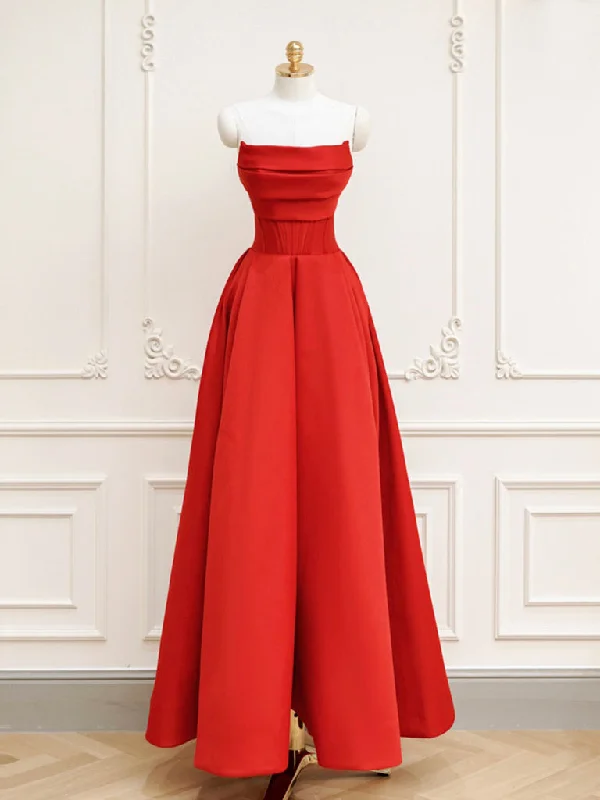 long prom dressesRed A-Line Satin Long Prom Dress, Red Long Formal Dress