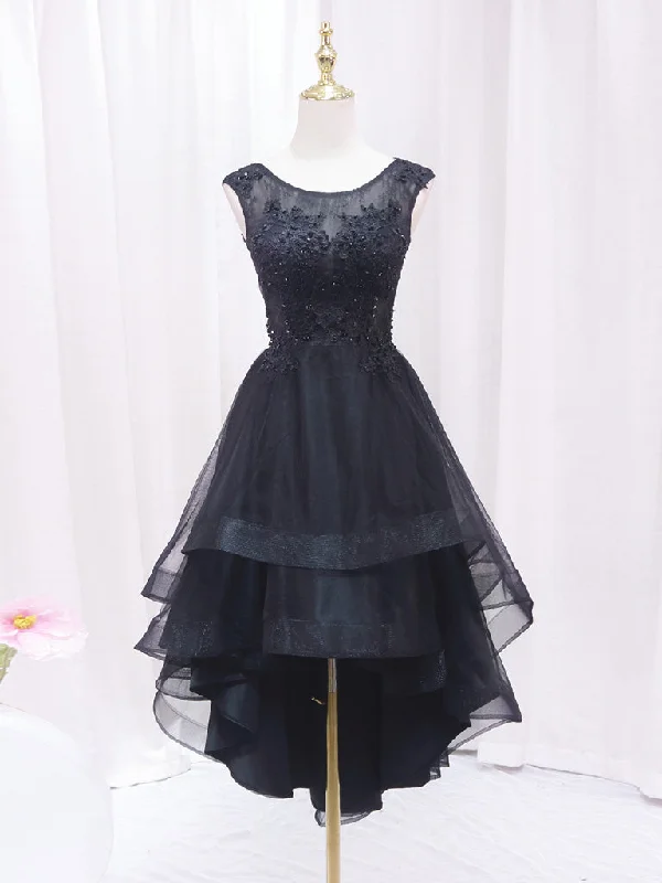 prom dress try-on ideasA-Line Lace Tulle Black Short Prom Dress, High Low Black Homecoming Dress