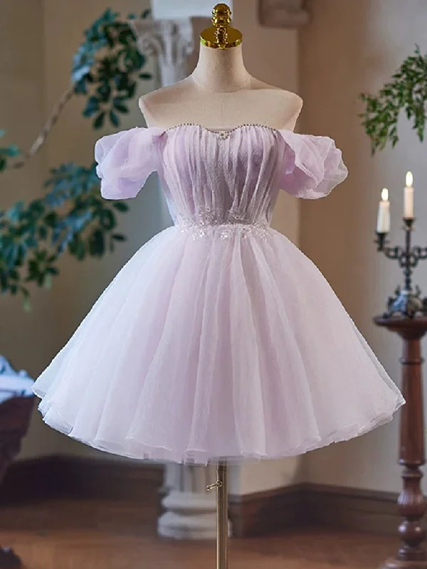 sleeveless prom dressesA-Line Sweetheart Neck Tulle Purple Short Prom Dress, Purple Homecoming Dress