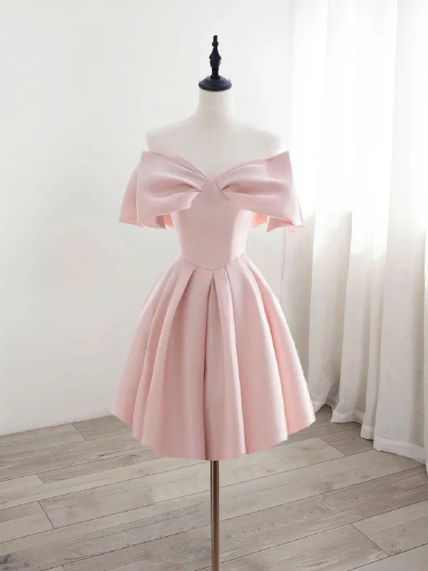 A-line prom dressesA-Line Off Shoulder Satin Pink Short Prom Dress, Pink Homecoming Dress