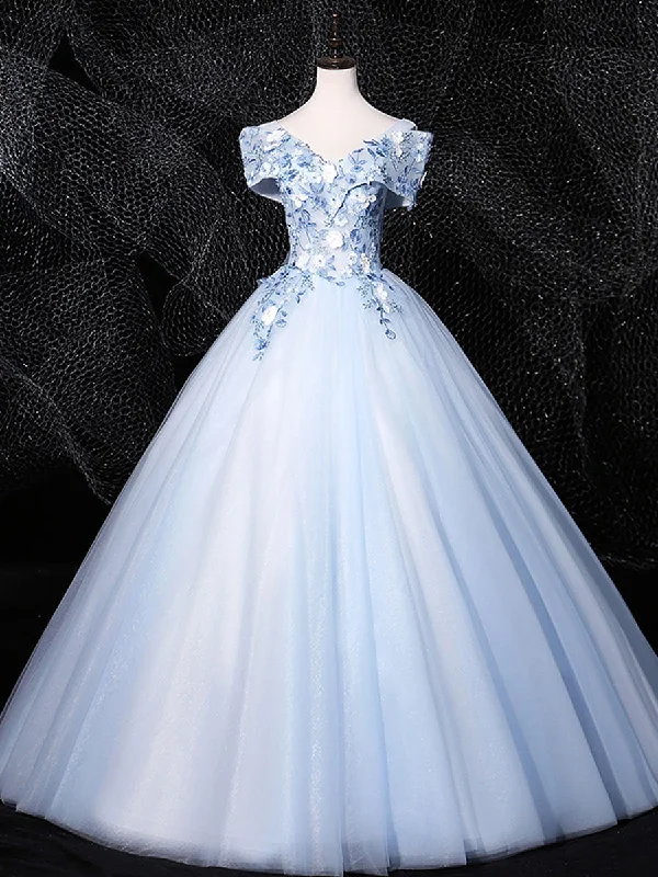 off-the-shoulder prom dressesBlue V Neck Tulle Lace Long Formal Prom Dresses. Blue Sweet 16 Dresses