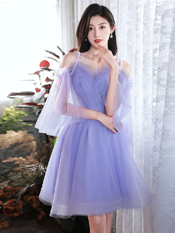 prom dresses with floral embroideryA-Line Purple V Neck Tulle Short Prom Dress, Purple Homecoming Dress