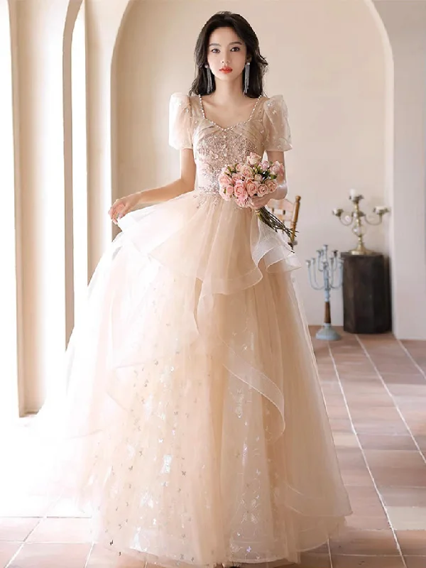 vintage prom dressesA-Line Champagne Tulle Sequin Long Prom Dress, Champagne Formal Dress