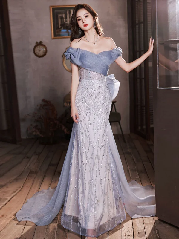 dark prom dressesBlue Off Shoulder Tulle Sequin Mermaid Long Prom Dress, Blue Formal Dress