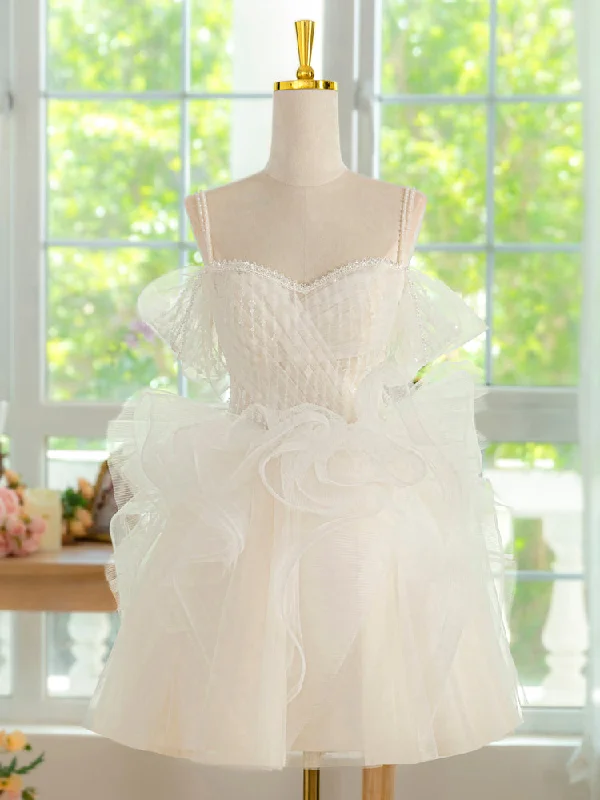 off-the-shoulder prom dressesivory Tulle Lace Short Prom Dress, Cute ivory Homecoming Dress