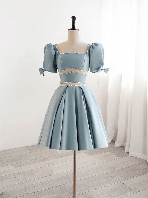 prom dress preservationA-Line Square Neckline Blue Short Prom Dress, Cute Blue Homecoming Dress