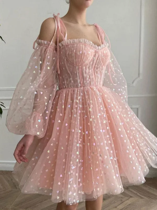 ready-to-wear prom dressesPink Short Prom Dresses, Sweetheart Neck Puffy Pink Homecoming Dresses